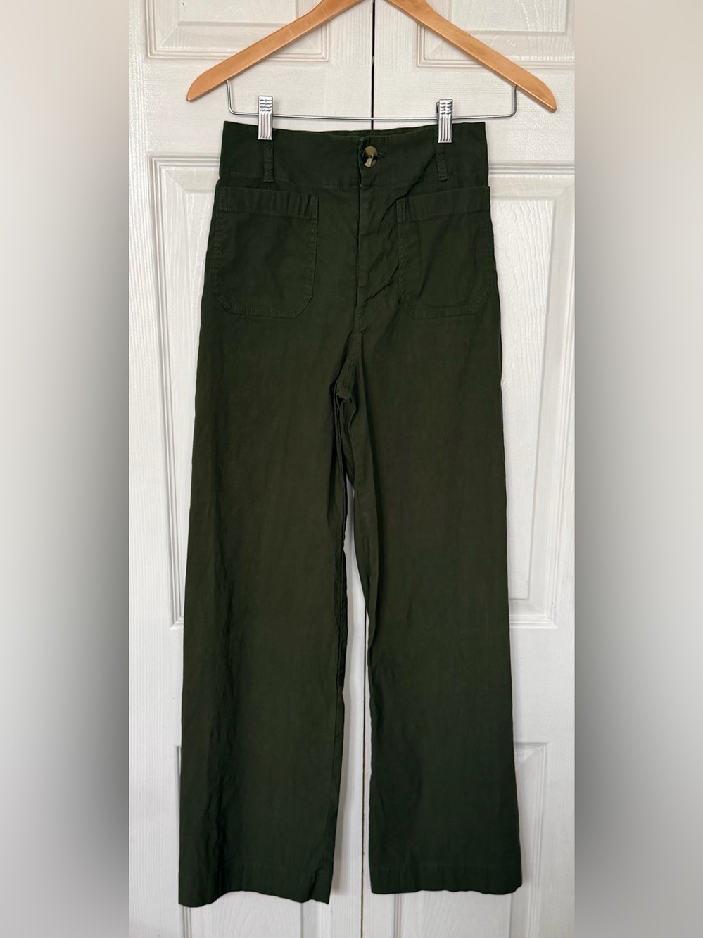 Maeve Anthropologie Colette Olive Green Wide Leg Linen Blend Pants Size 25